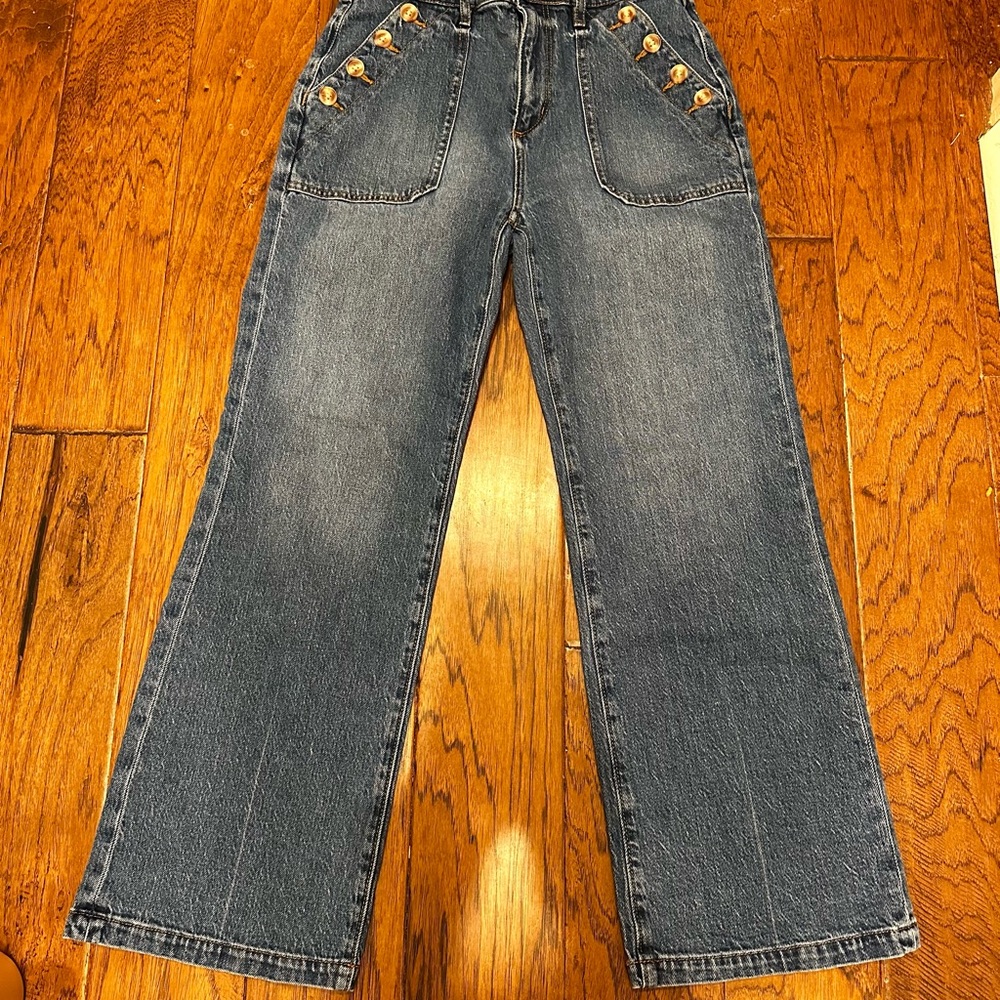 LOFT Dark Blue Flare Jeans with Front Button Accents